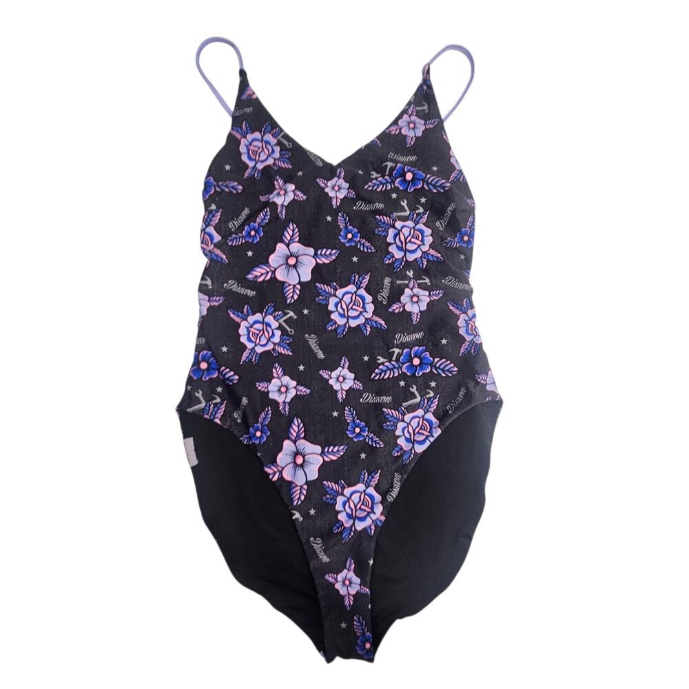 Dixxon One Piece Swimsuit Beach Logo Tattoo-style Floral Tool Black Purple 2XL